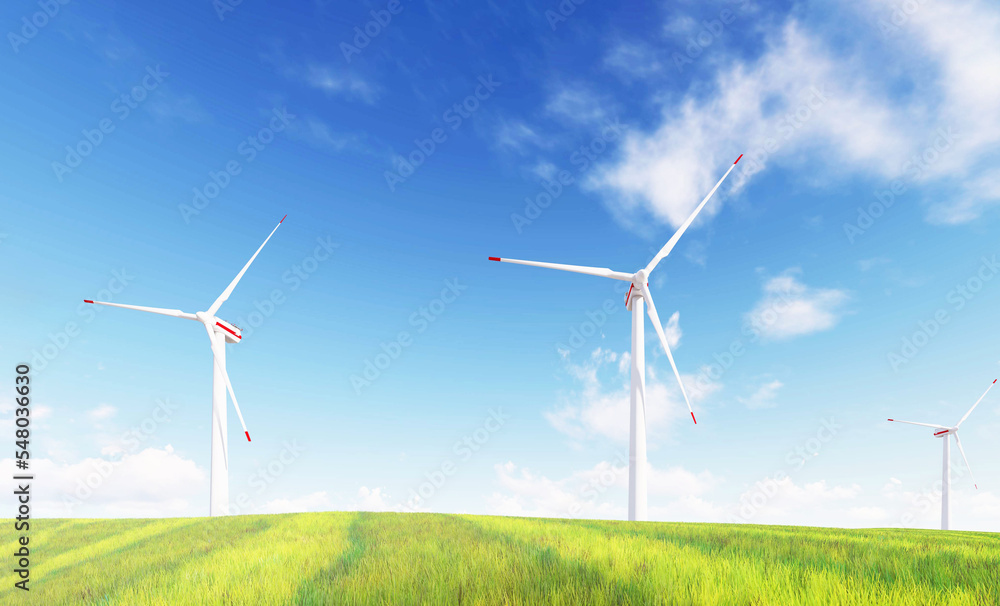Panoramic view of wind farm or wind park, with high wind turbines for generation electricity with copy space. green energy concept. Windmills in the on a beautiful bright day. Panoramic view of wind farm or wind park, with high wind turbines for generation electricity with copy space. green energy concept. Windmills in the on a beautiful bright day.