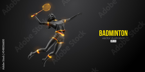 Abstract silhouette of a badminton player on black background. The badminton player woman hits the shuttlecock. Vector illustration
