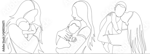 moms and babies continuous line drawing, vector sketch