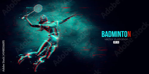 Abstract silhouette of a badminton player on black background. The badminton player woman hits the shuttlecock. Vector illustration