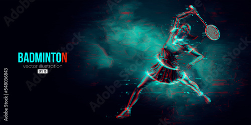 Abstract silhouette of a badminton player on black background. The badminton player woman hits the shuttlecock. Vector illustration © Yevheniia