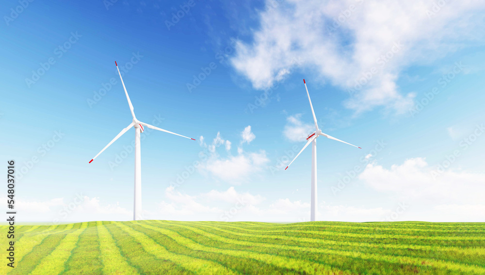 Fototapeta premium Panoramic view of wind farm or wind park, with high wind turbines for generation electricity with copy space. green energy concept. Windmills in the on a beautiful bright day.