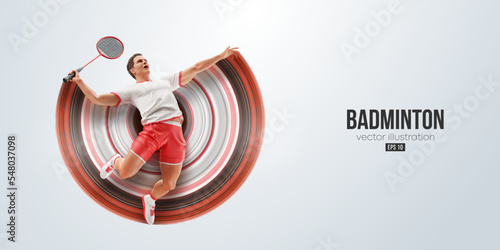 Realistic silhouette of a badminton player on white background. The badminton player man hits the shuttlecock. Vector illustration