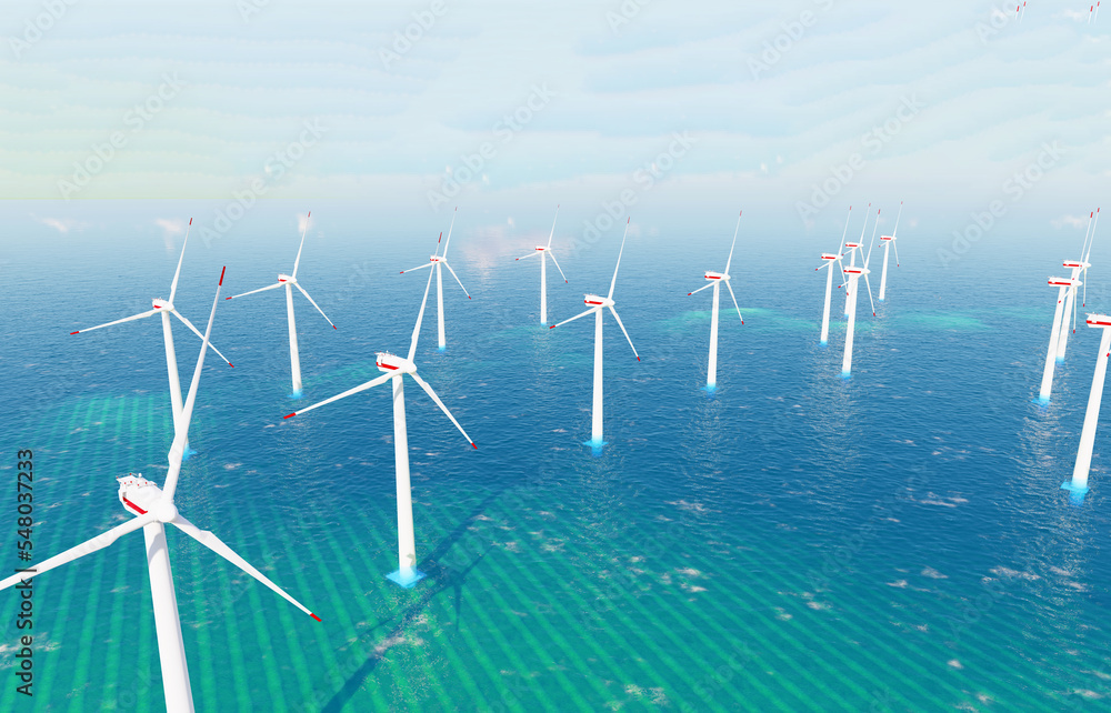 Windmill park in the ocean, drone aerial view of windmill turbines generating green energy electric. Ocean Wind Farm. Windmill farm in the ocean. 3d rendering. Windmill park in the ocean, drone aerial view of windmill turbines generating green energy electric. Ocean Wind Farm. Windmill farm in the ocean. 3d rendering.