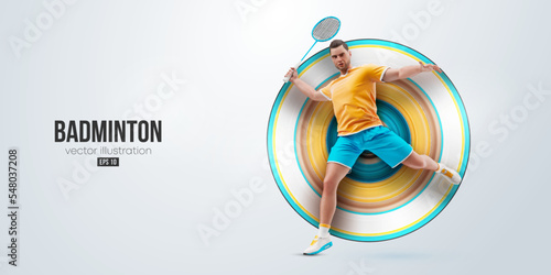 Realistic silhouette of a badminton player on white background. The badminton player man hits the shuttlecock. Vector illustration