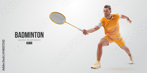 Realistic silhouette of a badminton player on white background. The badminton player man hits the shuttlecock. Vector illustration