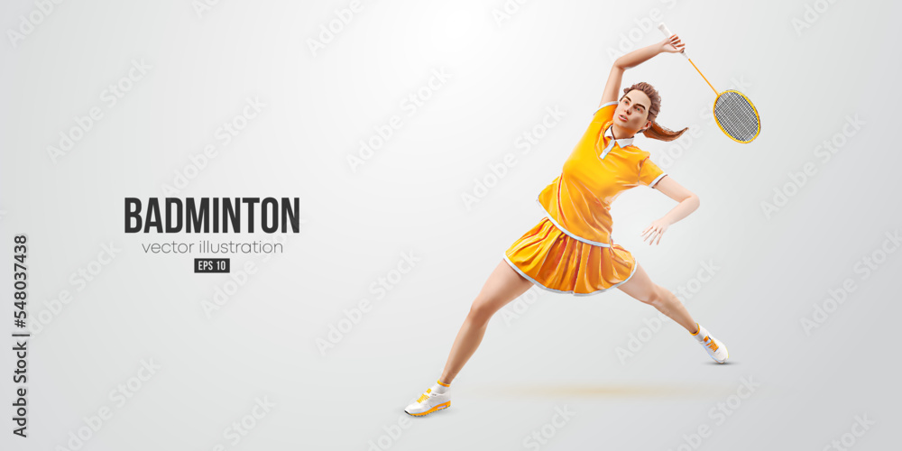 Realistic silhouette of a badminton player on white background. The badminton player woman hits the shuttlecock. Vector illustration