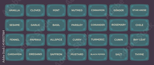 Vector spices names stickers set. Rectangle with round corners food preparation ingredients labels with frames and text isolated. Seasonings labels illustration