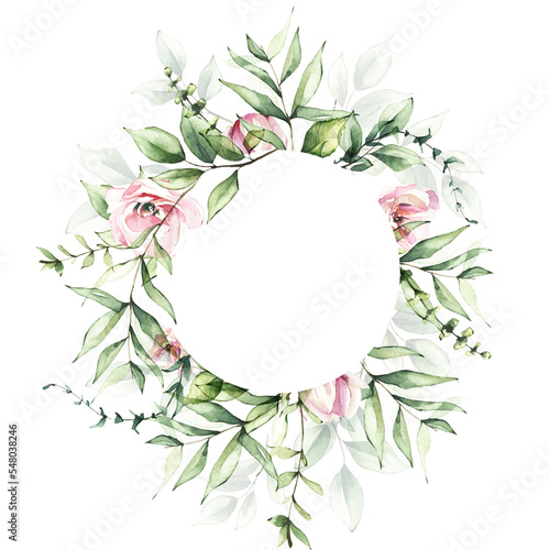 Round isolated frame template watercolor painted. Background with branches, green leaves and pink roses. Wedding ready design..Cut out hand drawn PNG illustration on transparent background.