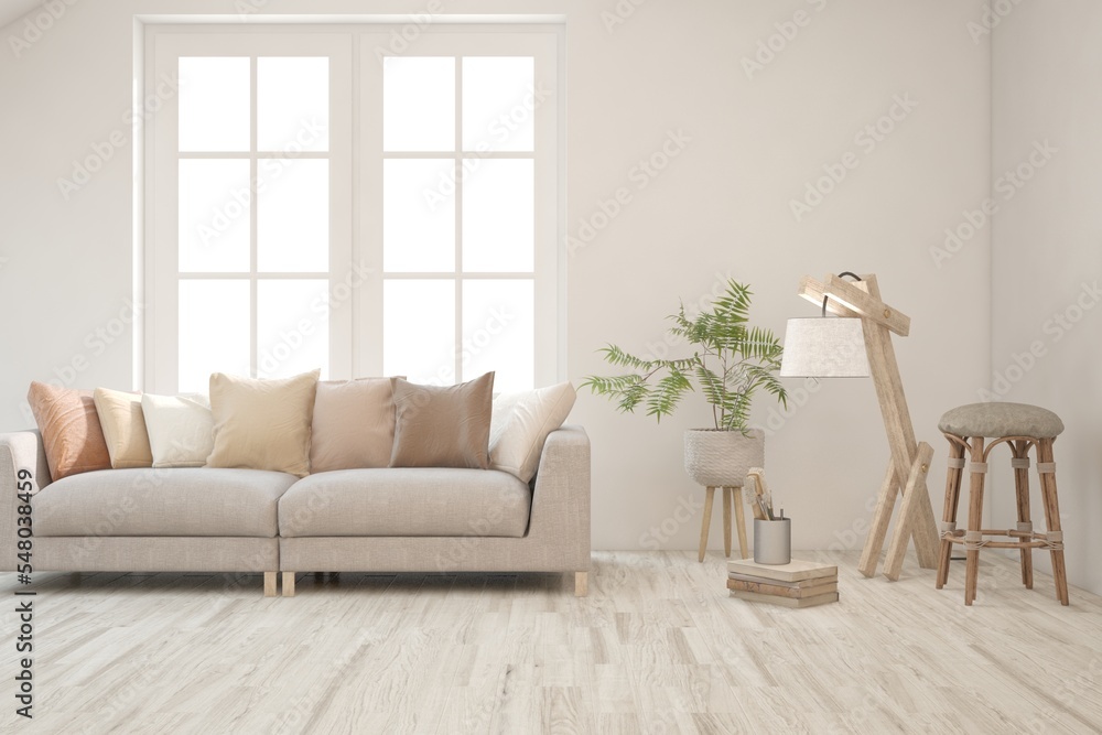 Naklejka premium Modern living room in white color with sofa. Scandinavian interior design. 3D illustration