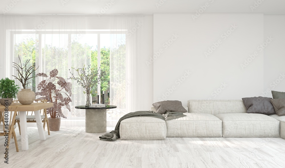 Fototapeta premium Minimalist living room in white color with sofa and summer landscape in window. Scandinavian interior design. 3D illustration