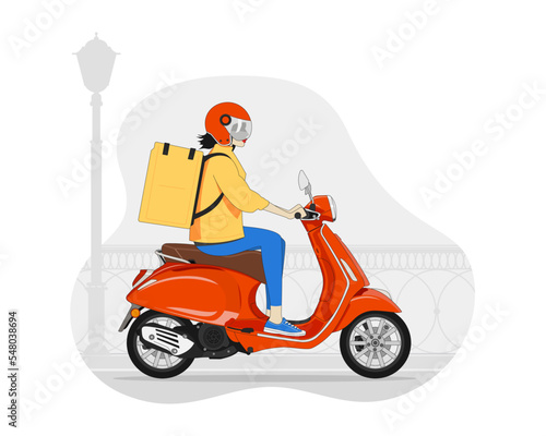 Food delivery moto scooter driver with yellow backpack behind back is on his way to deliver food. Courier on scooter delivering food. Delivery girl in a yellow jacket.