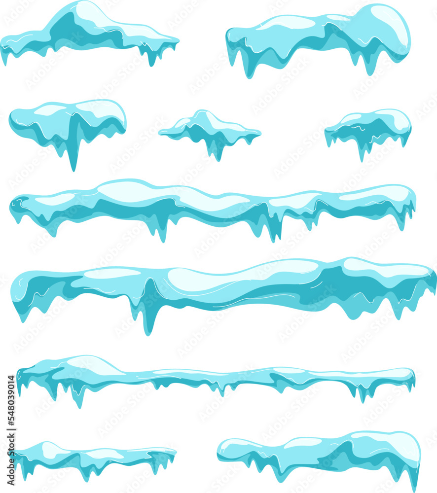 Pieces of ice and snow chunks, big icebergs, severe frost elements for design, snowflakes cartoon style, vector illustration