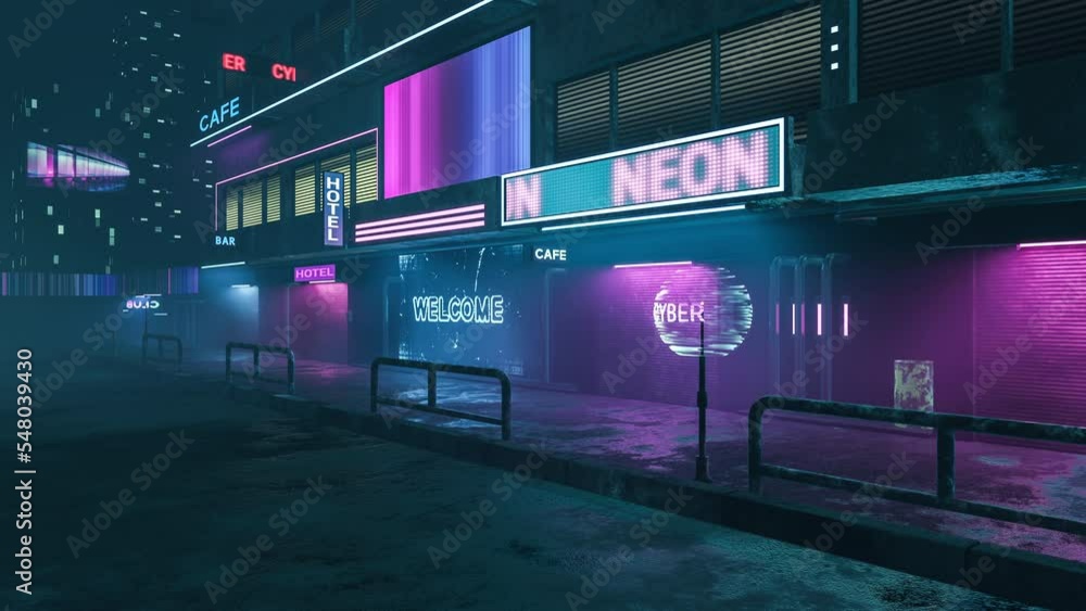 3D Abstract Scene, Futuristic Conceptual World, A City Street With A Horror Atmosphere, Cyberpunk Digital Style, Cityscape Of The Future, Animation Background. 4K Moving Loop, Cycled Seamless, Endless