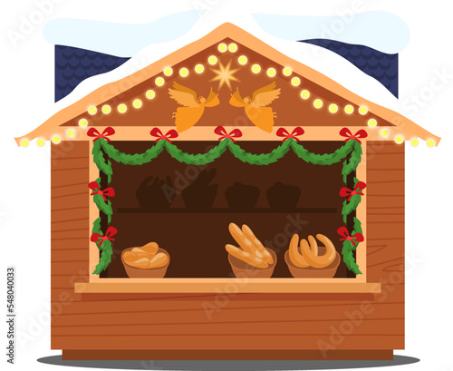 Christmas market bread bakery kiosk, holiday fair street outdoor sale, merchandise houses vector illustration. New Year kiosk