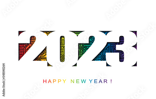 Christmas and new year greetings high tech card with 2023 year. Vector.