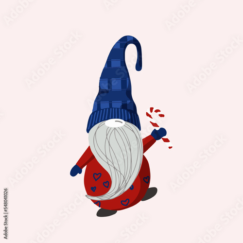 Scandinavian Christmas gnome with candy cane holiday greeting drawing. New Year celebration character with sweets for winter holidays. Flat vector illustration Isolated