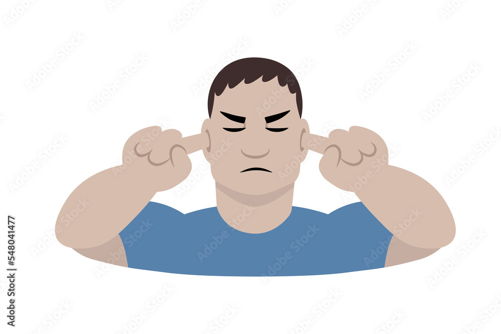 Man closing, plugging, covering his ears with hands, fingers. Male with painful face. Stress. Simple vector illustration. Man closing, plugging, covering his ears with hands, fingers. Male with painful face. Stress. Simple vector illustration.
