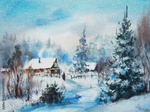 Watercolor painting winter contriside. Landscape painting with snowy forest, pine trees covered by snow, huts and blue sky.