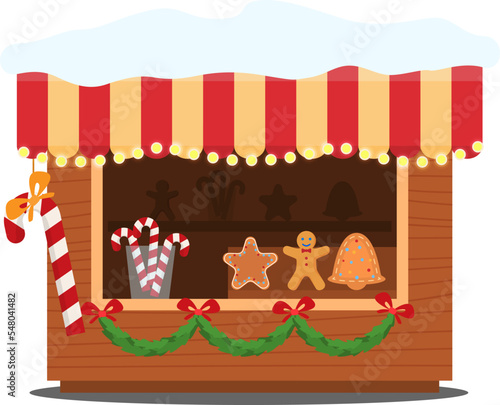 Christmas market bread bakery kiosk, holiday fair street outdoor sale, merchandise houses vector illustration. New Year kiosk