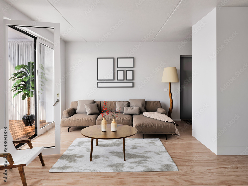 Mock up a trendy modern living room with a large corner sofa and white wall background, 3d rendering. Mock up a trendy modern living room with a large corner sofa and white wall background, 3d rendering.
