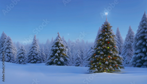 Chrismas background, ornaments and christmas tree, 3d render © vsea