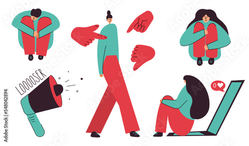 Set personages have got not good emotional health  by reason of dislike, hurtful words. Vector illustration STOP cyberbullying, network abuse, internet problem and discrimination.