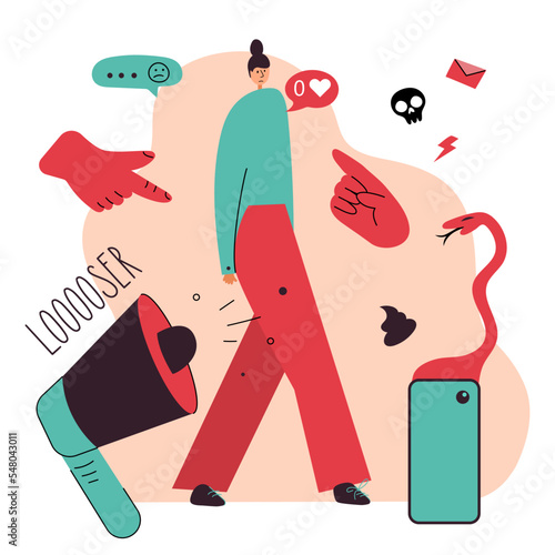 Female from phone mobile chatting has got not good messege, dislike, hurtful words. Lettering LOSER. Vector illustration STOP cyberbullying, network abuse, internet problem and discrimination.