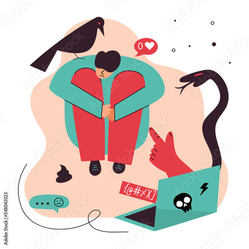 Vector illustration with male read messenger, chatting  and get not good messege, dislike, hurtful words. STOP cyberbullying, network abuse, internet problem and discrimination.