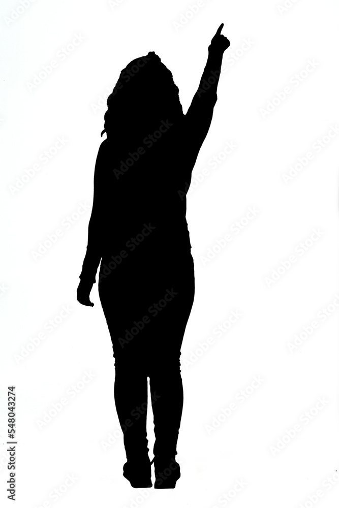 silhouette of woman pointing on white background