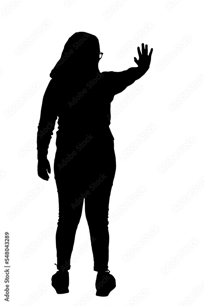 silhouette of a full portrait of a woman with stop sign isolated on white
