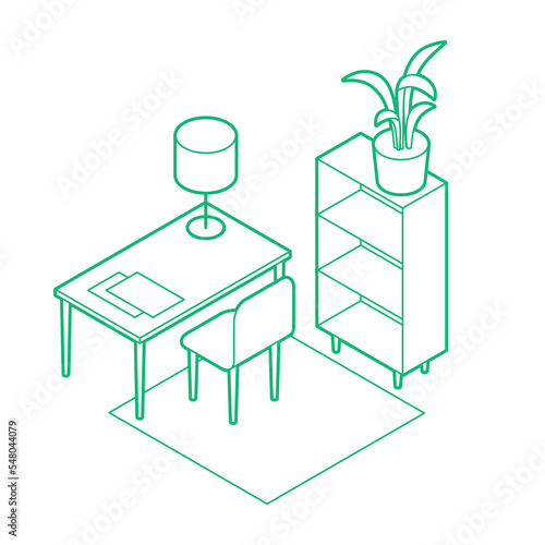 Isometric Home Office Outline Illustration
