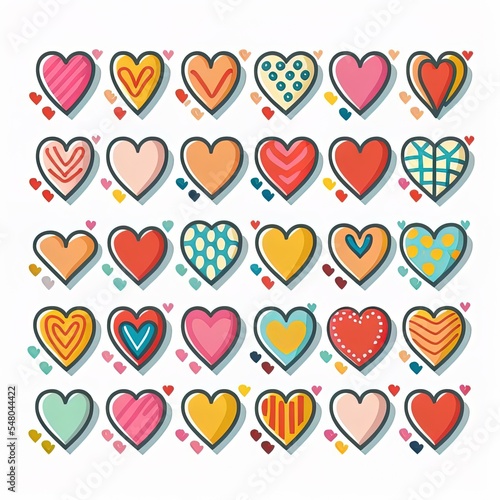 2d illustrated hearts cartoon style. flat & line heart symbols. isolated illustration. collection