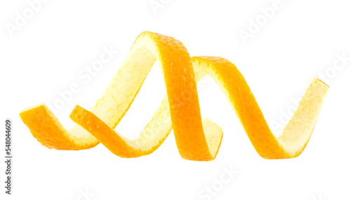 Peel of ripe orange isolated on white background. Orange zest spiral.