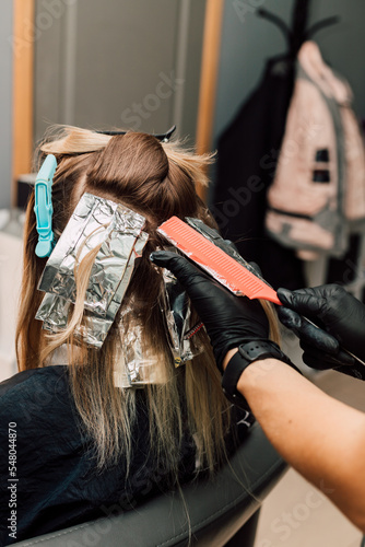 A professional hairdresser applies dye to a client's hair. Hair coloring