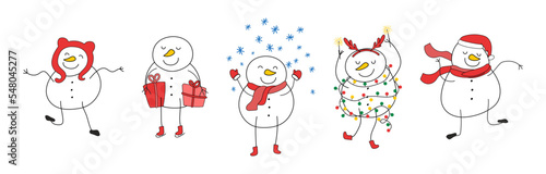 Christmas Snowmen set vector illustration isolated on white background. Five snowman characters in different poses. Doodle style clip art elements