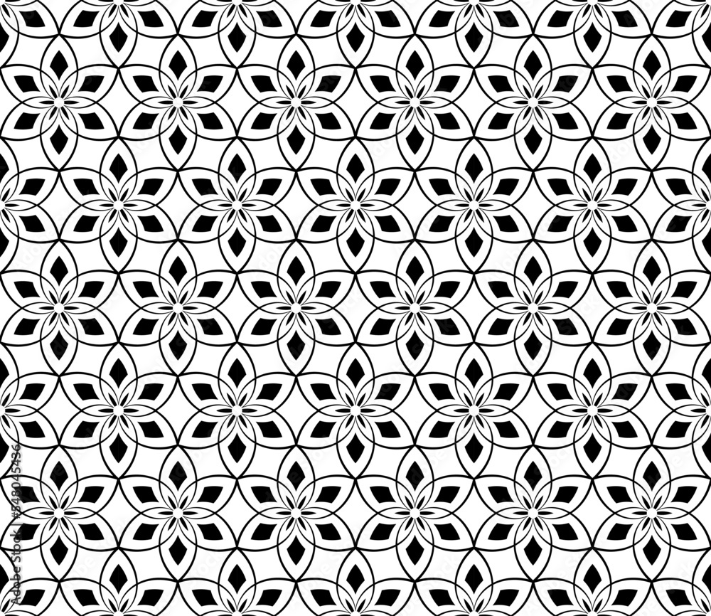 Seamless Geometric Floral Pattern. Black and White Texture.