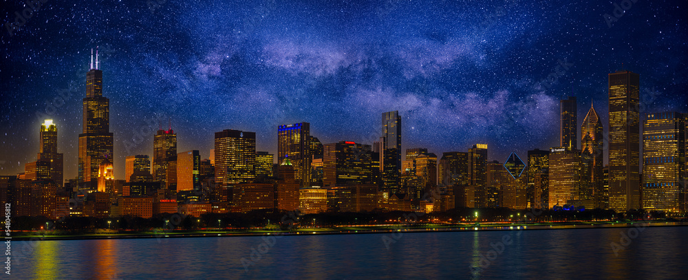 Obraz premium Chicago Lakefront Skyline Milkway Composite