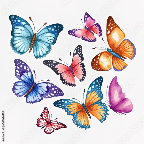 Colorful butterflies watercolor isolated on white background blue orange purple and pink butterfly spring animal 2d illustrated illustration © AkuAku
