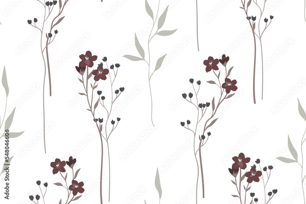 Seamless floral pattern, elegant flower print with hand drawn plants in neutral colors. Trendy botanical design with small flowers on branches, leaves on a white background. Vector illustration.