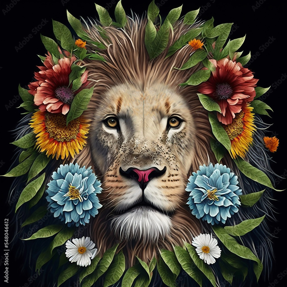 Lion made of flowers and leaves, Realistic Boho Wild Animal, Beautiful Animal Illustration