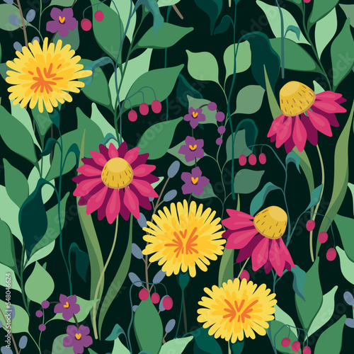 Seamless floral pattern with pretty summer garden, large wildflowers, leaves on a dark background. Cute flower print with hand drawn colorful wild flowers, green foliage. Vector botanical illustration