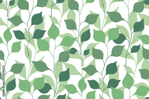 Seamless pattern with large leaves in delicate watercolor colors. Elegant botanical design with hand drawn green foliage in an abstract arrangement on a white background. Vector illustration.