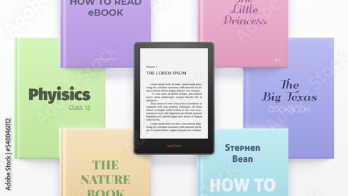 Top view books lie on a light background, e-book at the top.