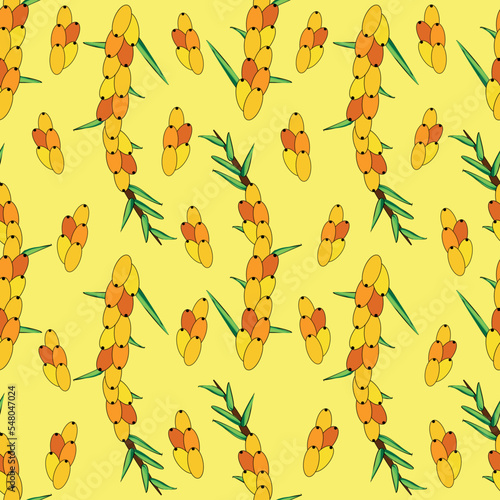 Sea buckthorn seamless pattern. Twigs with berries and leaves. Template with orange fresh berries for wallpaper