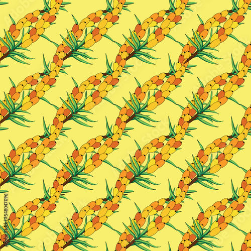 Sea buckthorn seamless pattern. Twigs with berries and leaves. Template with orange fresh berries for wallpaper