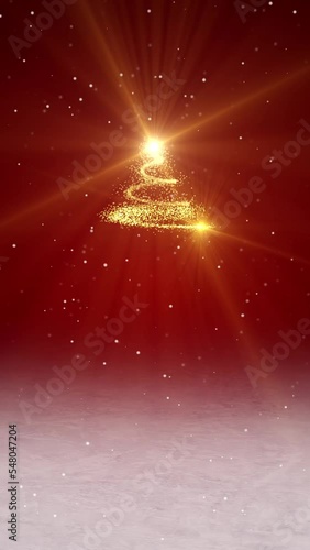 vertical video - animated shiny Christmas tree with glitter effect on red background - vacation concept - abstract background