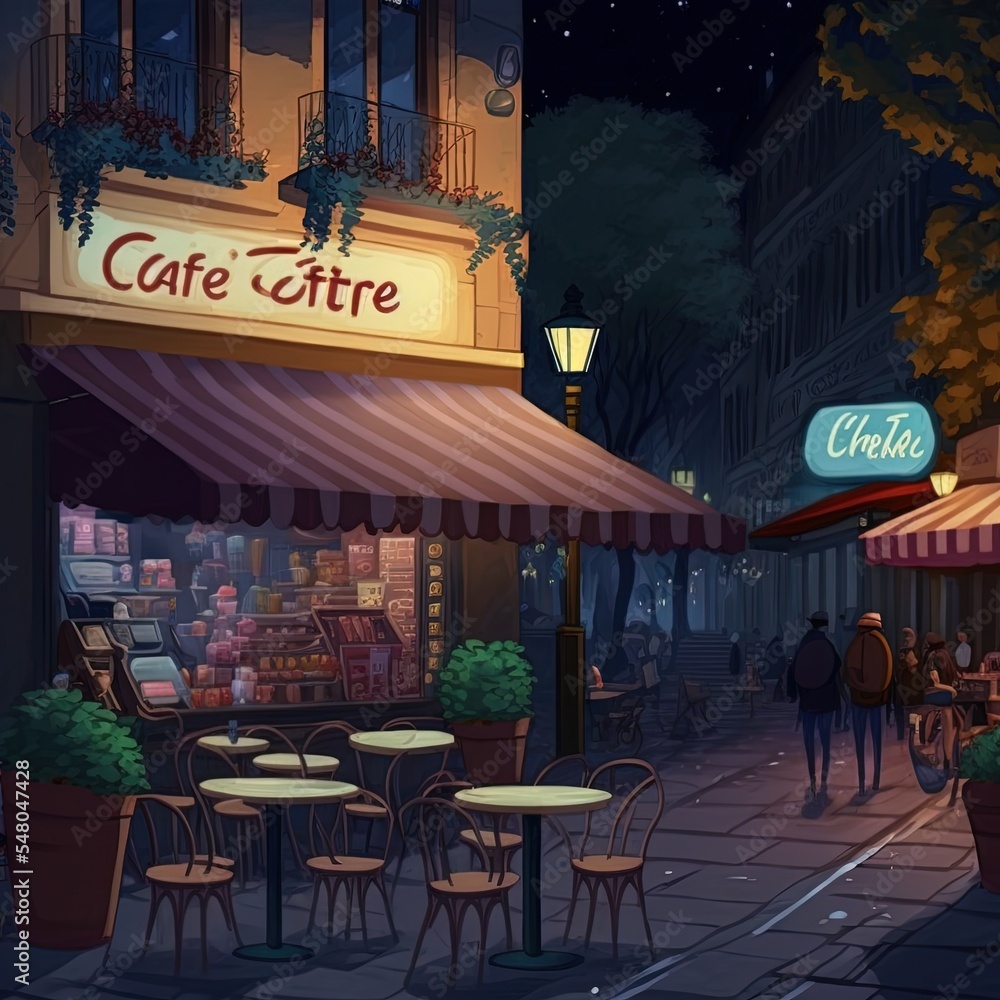 Street cafe with coffee and snacks at night Stock Illustration | Adobe Stock