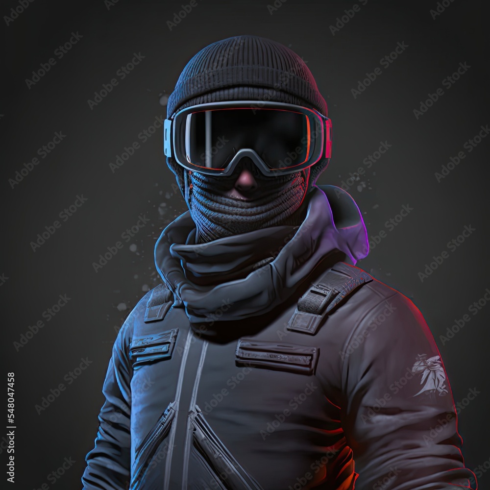 Portrait of snowboard alpine character in ski mask and goggles. Character  design isolated on black. 3d render. Stock Illustration