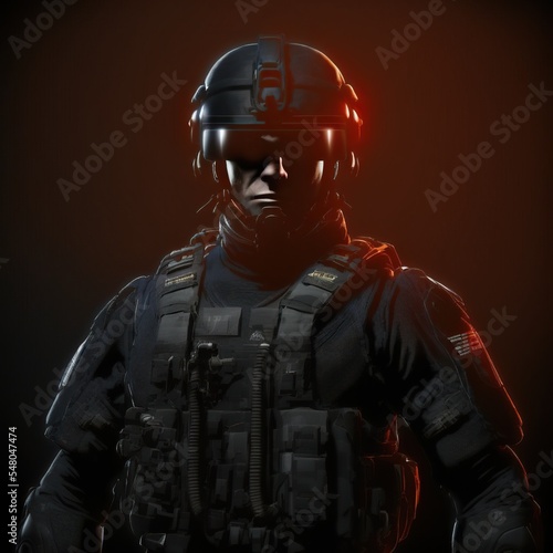 Marine soldier with helmet and full tactical gear. Isolated on black background.